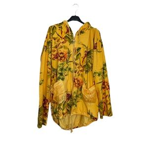 New, Made in Italy Oversized Cotton Floral Yellow Zip up Jacket with Hoodie
